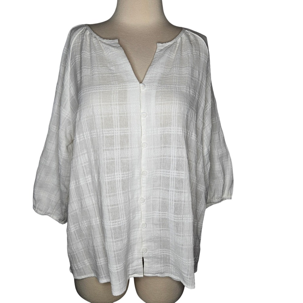 Sanctuary White Textured Plaid Button Front Blouse 3/4 Sleeve XL Beach Boho NWOT